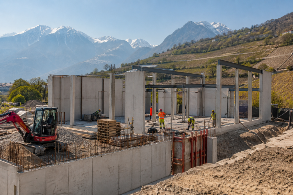 Construction workers build a concrete structure beside terraced hills, with snow-capped mountains in the background