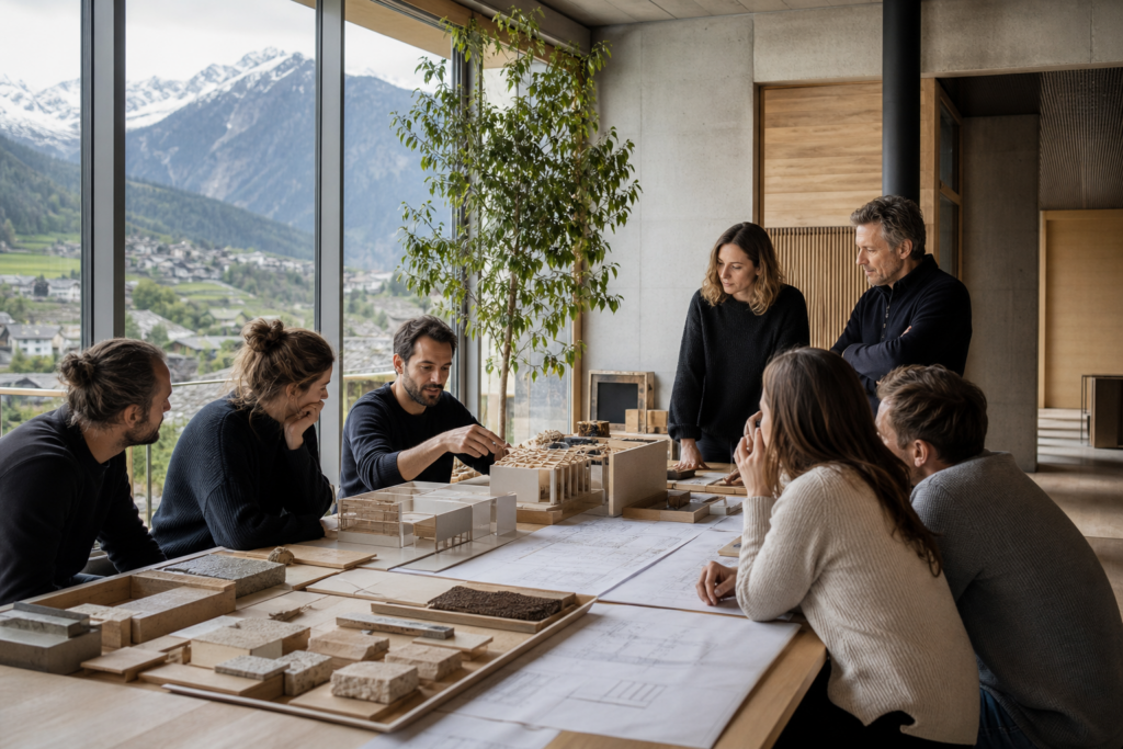 Architects collaborate around building models and plans at a table overlooking snow-capped mountains
