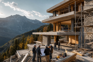 Construction workers review plans at a mountain lodge under construction, with scaffolding and alpine peaks behind them