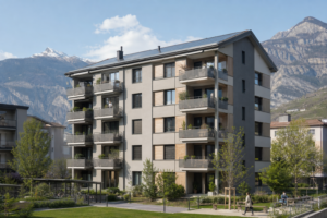 Modern apartment building with balconies set against snow-capped mountains